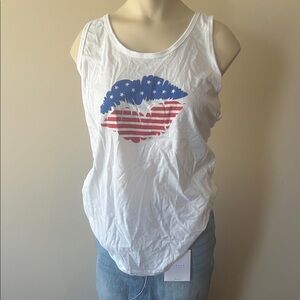 Patriotic White Tank Top with Flag Lips Design